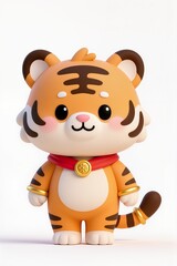 Cute baby zodiac tiger chibi, 3D cartoon illustration, soft stripes, friendly expression, red and gold accessories, isolated white background