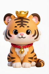 Cute baby zodiac tiger chibi, 3D cartoon illustration, soft stripes, friendly expression, red and gold accessories, isolated white background