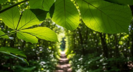 Lush Green Foliage Frames Path Through Forest.