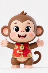 Ultra cute baby zodiac monkey chibi, 3D illustration, round face, playful smile, Asian festival style, isolated white background