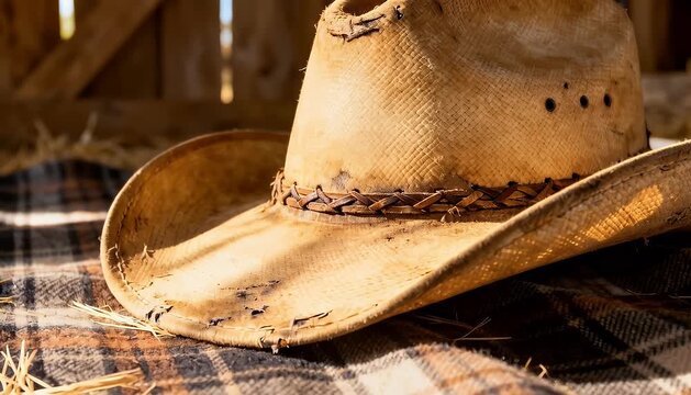 Cowboy hat resting on plaid blanket with straw