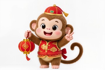Ultra cute baby zodiac monkey chibi, 3D illustration, round face, playful smile, Asian festival style, isolated white background