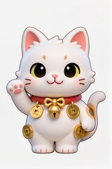Ultra cute baby lucky cat chibi, 3D illustration, kawaii style, soft red and gold accessories, big eyes, happy face, white background