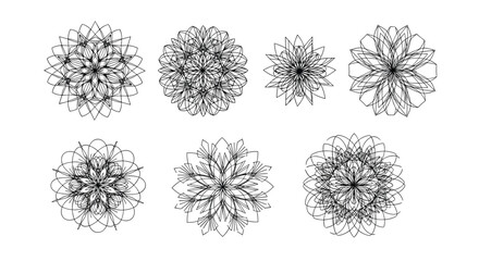 Obraz premium Collection of intricate black and white mandala designs with complex geometric patterns resembling symmetrical floral shapes.