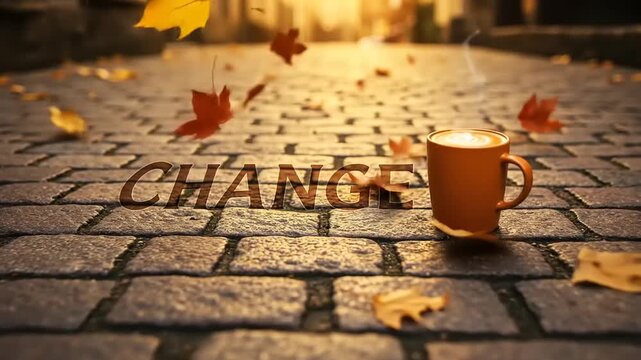 Coffee Cup on Cobblestone with Change Message and Fallen Leaves.
