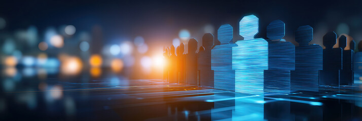 Digital human figures connected through glowing network lines on futuristic platform.