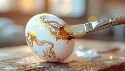 Painting a white egg with luxury gold liquid paint using a brush on a wooden table