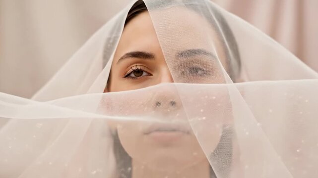 A woman with a veil covering her face looks directly at the camera in a video.