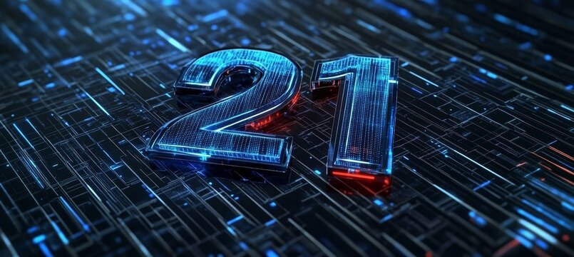 Futuristic Abstract Background with Neon Glowing Digital Number 21 and Vibrant Tech Lines Artwork - Powered by Adobe