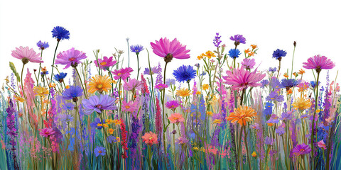 Vibrant wildflower meadow showcasing colorful blossoms in spring garden landscape setting isolated on white