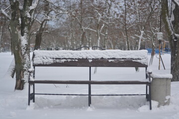 Empty Wooden Bench Covered with Thick Layer of Fresh Snow in Winter Park