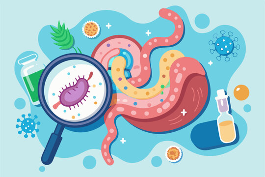 Intestines with bacteria and a magnifier in a clean vector style. Ideal for educational and healthcare concepts focused on gut health and microorganisms.