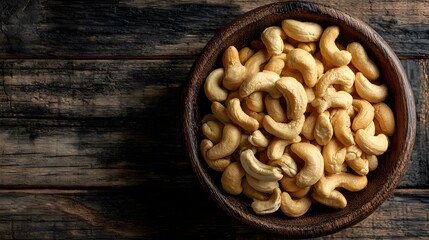 Fototapeta premium Top-down view of a dark wooden bowl filled with raw cashew nuts placed on a wooden table with vertical grain and natural lighting concepts.