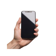 Hand holding a smartphone with blank screen