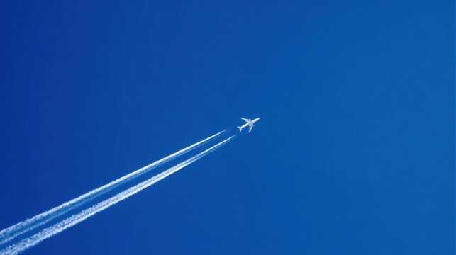 A clear blue sky with an airplane flying at high altitude leaving double white contrails stretching across from bottom l