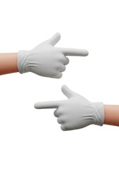 Two stylized, photorealistic 3d hands in transparent commercial gloves pointing, rendered in macro close-up on a bright white background with subtle ambient occlusion. Concept of focus and