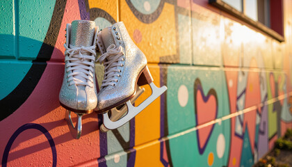 Sparkling ice skates hanging against colorful graffiti wall