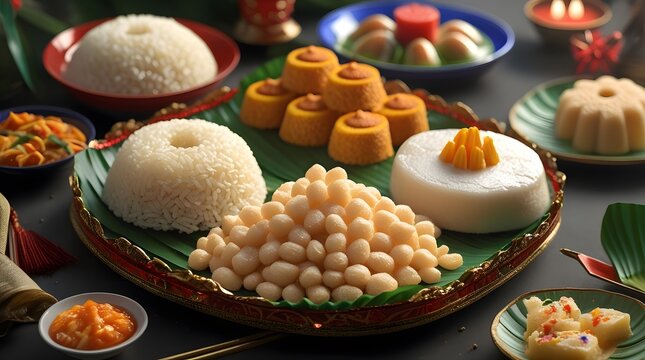 A platter of ampaw or puffed rice, puto or rice cake and kutsinta and other traditional Filipino sweets for the Media noche or New Year eve feast that shows the authentic Philippe beliefs and culture