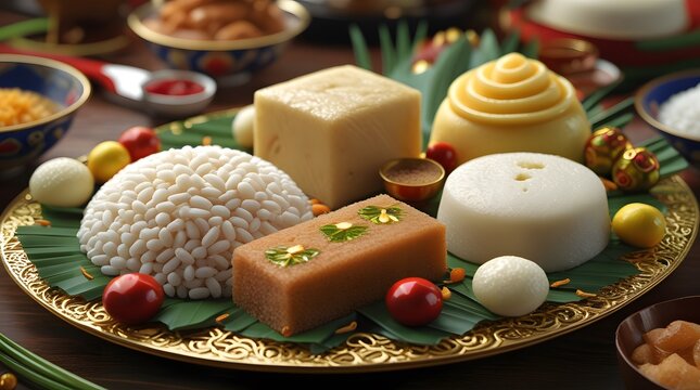 A platter of ampaw or puffed rice, puto or rice cake and kutsinta and other traditional Filipino sweets for the Media noche or New Year eve feast that shows the authentic Philippe beliefs and culture