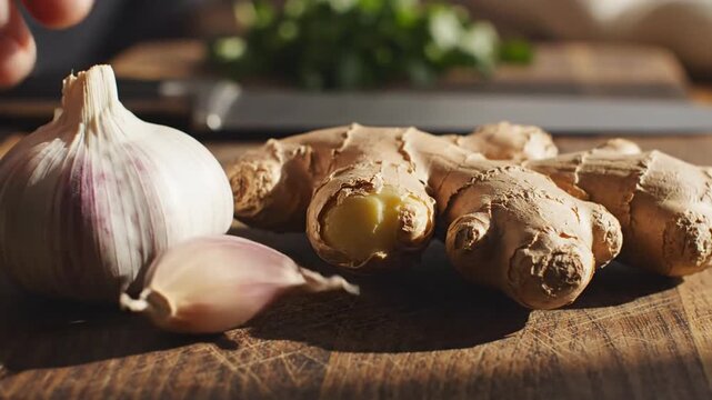 Fresh garlic and ginger roots are artfully arranged on a wooden cutting board, with a knife and herbs in the softly blurred background, suggesting a culinary preparation scene