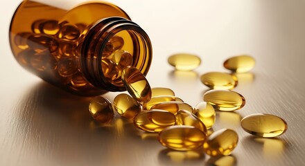 Vitamin Capsules Spilled From Bottle on a Surface.