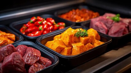 Closeup of spicy marinated meats with vibrant red chilies and bold seasoning on fresh cuts in a refrigerated display case
