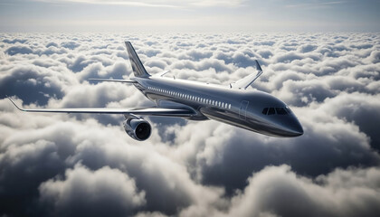 Jet Airliner Above Cloud Sea: Sleek Silver Aircraft Morning Flight Serenity