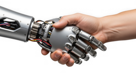 Human hand shaking a robot hand