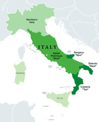 Italian Boot, the Italian Peninsula, political map. Mainland Italy, resembling the shape of a high-heeled boot, with smaller peninsulas Calabria as toe, Salento as heel, and Gargano as spur. Vector