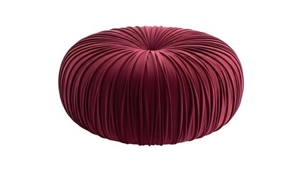 A plush maroon velvet round cushion showcases intricate radial pleats, creating a luxurious and textured surface.