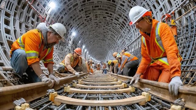 Construction Workers at Work: Construction workers diligently laying railway tracks inside a tunnel. The image shows the dedicated labor and precision required for major infrastructure projects.