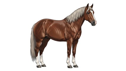 Obraz premium A magnificent brown horse with a flowing white mane and tail stands proudly in a detailed digital illustration.