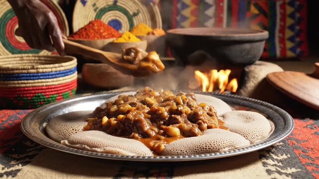 Woman adding spices to stew in clay pot cooking process