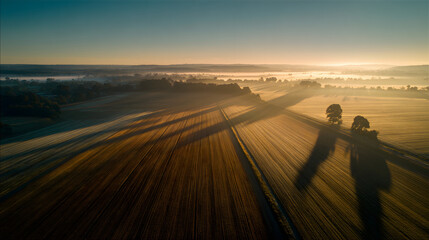 Misty Countryside Fields in Early Morning Light