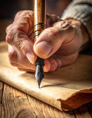 Close up of an elderly hand writing with a vintage fountain pen on aged parchment paper with a wooden table background