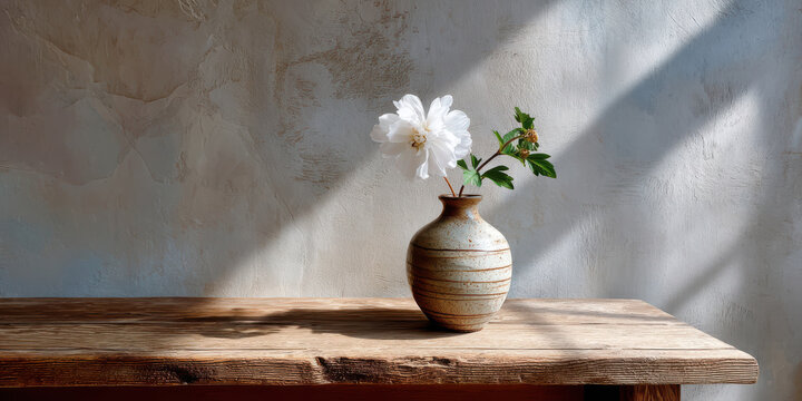 White flower ceramic vase rustic table sunlight calm still life