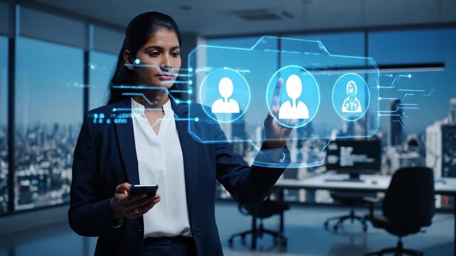 Elegant Indian businesswoman using smartphone, interacting with a holographic CRM display of user profile icons in a modern high-rise office.