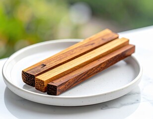 Three Natural Wooden Chopsticks on a Speckled White Plate with a Blurred Green Botanical Background and Soft Natural Lighting