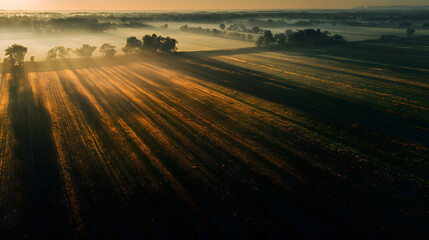 Aerial Farmland at Sunrise with Long Light Streaks