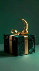 Elegant Emerald Green Gift Box With Gold Ribbon And Crescent Moon Accent On A Dark Moody Background With Subtle Sparkle