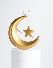 Golden Crescent Moon Ornament with Star Hanging on White Pedestal with Soft Lighting