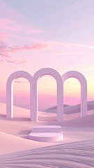 Serene Desert Archway at Sunset with Pink Hues and Sandy Dunes Showcasing Minimalist Architecture and Dreamy Atmosphere