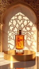 Luxurious Amber Perfume Bottle on Golden Pedestal Illuminated by Intricate Sunlight Patterns Against Ornate Archway