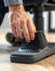 Close up Of A Man's Hand Adjusting The Upper Mesh Of A Black And Grey Modern Shoe On A Wooden Floor With A Blurred Office Chair In The Background