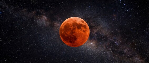 An awe-inspiring spectacle unfolds as a stunning blood moon hangs suspended in the velvet embrace of a star-studded night sky. This evocative image captures the ethereal beauty of a lunar eclipse.