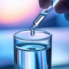 Scientist Hand Holds Pipette Dripping Liquid Into Glass Test Tube With Blue Hue Lighting And Soft Focus Background