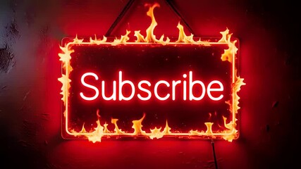 Neon subscribe sign engulfed in fiery flames on dark wall
