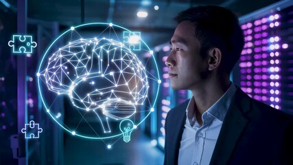 Artificial intelligence concept featuring a digital brain inside a data center, symbolizing machine learning, neural network, advanced computing, innovation, and smart data processing technology. - Powered by Adobe