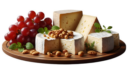 Artisanal cheese board with grapes and nuts isolated on transparent background