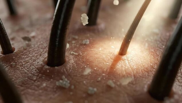 A microscopic view of human scalp with severe dandruff and dry skin flakes